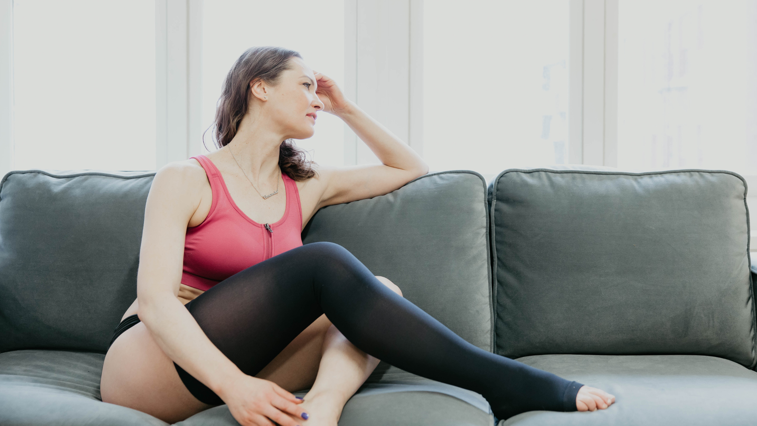 woman with lymphedema, wearing leg compression garment